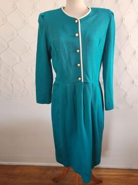 Vintage Leslie Fay Sweater Dress • 80s • Shoulder Pads • Teal • Size 14